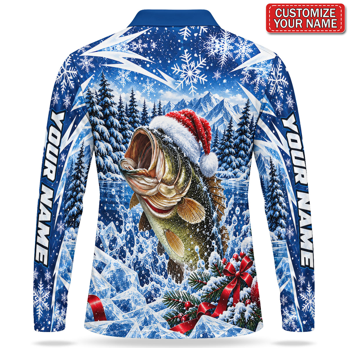 Personalized Santa Hat Bass Fishing Men's Long Sleeve Polo With Snowflakes