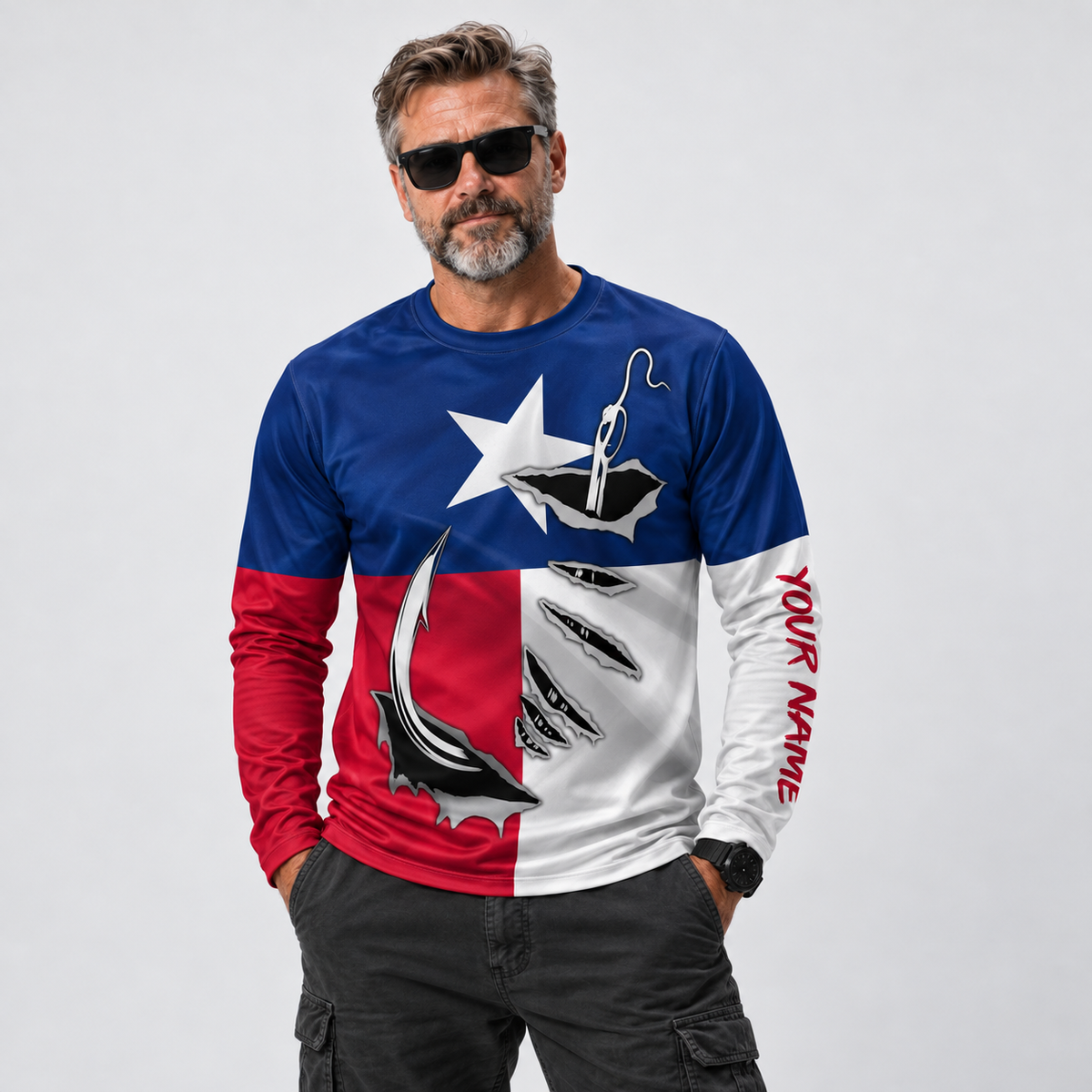 USA FLag Fishing Fish Hook UPF Long Sleeve Shirt