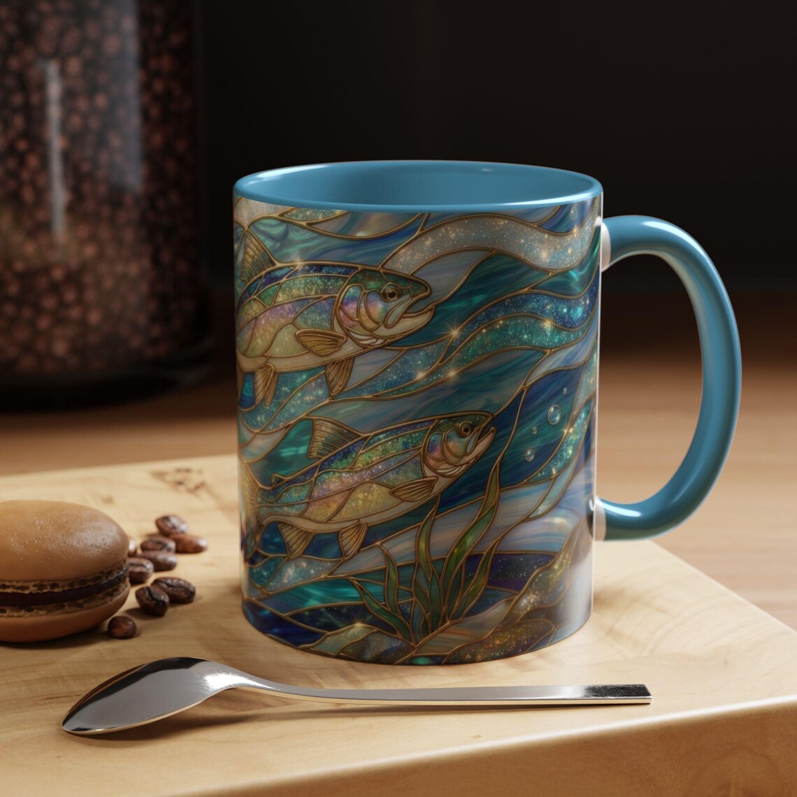 Stained Glass Design Fish Mug, Fishing Coffee Mug