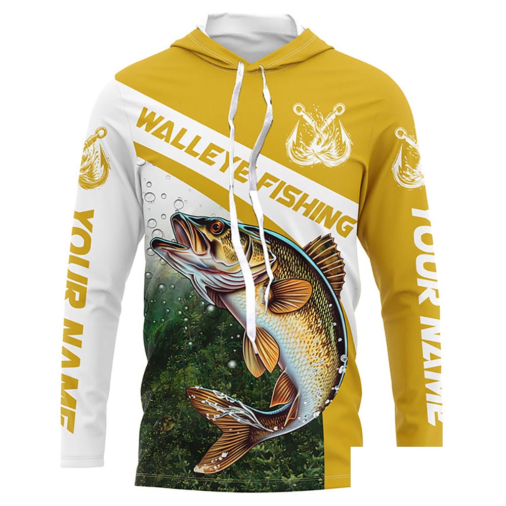 Walleye Fishing Custom Long Sleeve Fishing Shirts, Walleye Tournament Fishing Jerseys | Yellow IPHW5743