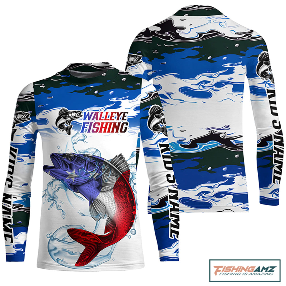 Custom Patriotic Walleye Fishing Camo Jerseys, American Flag Walleye Long Sleeve Fishing Shirts IPHW6050