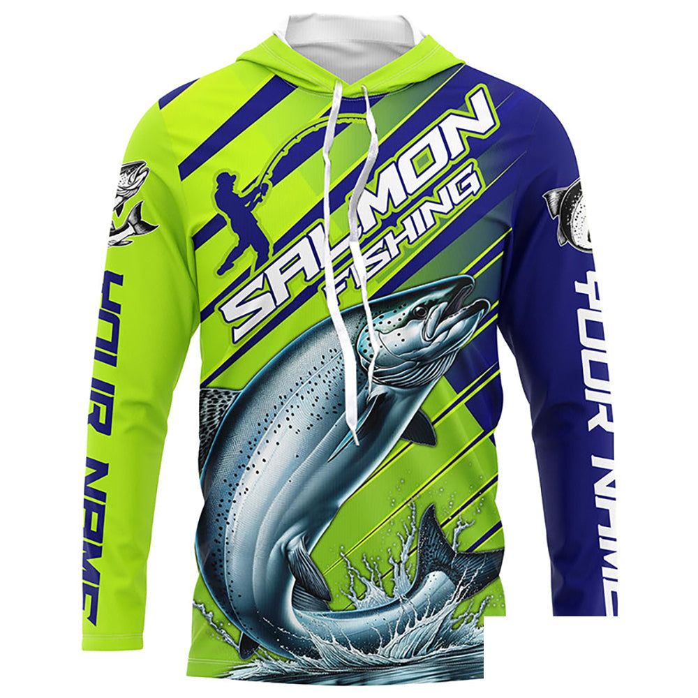 Chinook Salmon Custom Long Sleeve Fishing Shirts, Salmon Fisherman Fishing Jerseys | Green And Blue IPHW6209