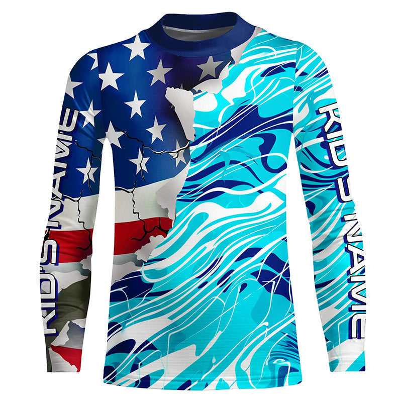 Custom American Flag Blue Camo Long Sleeve Shirts, Patriotic Performance Fishing Shirts IPHW6534