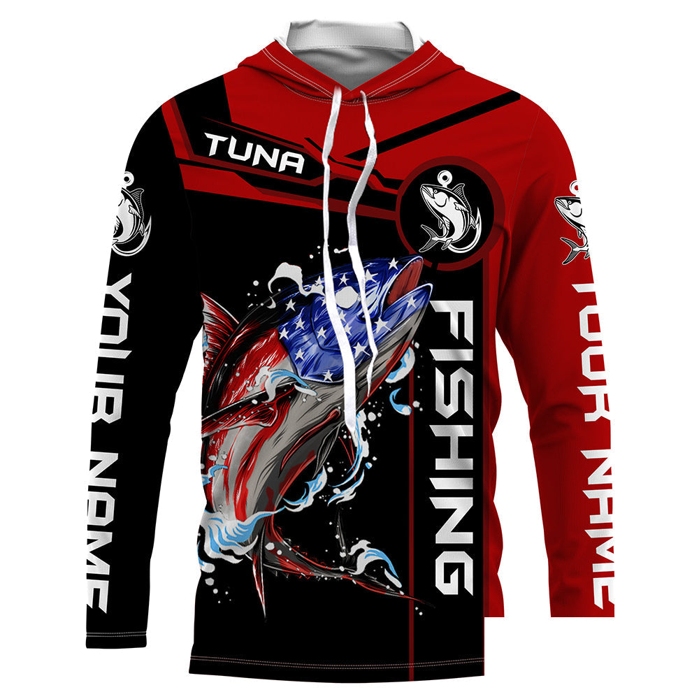 Tuna fishing American flag patriotic Custom Name Long sleeve, Long Sleeve Hooded - Red NPQ680