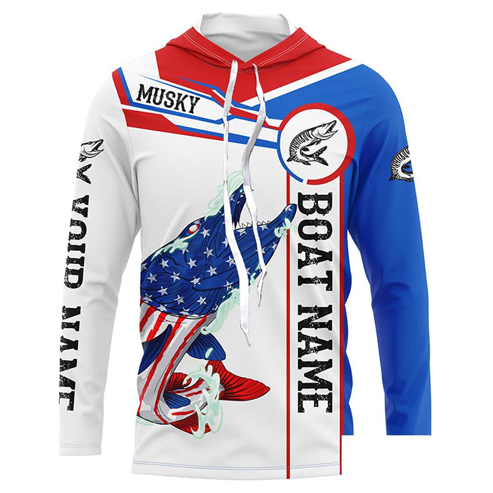 Angry Musky American flag patriotic fishing Custom name and boat name long sleeve fishing shirts NQS5601