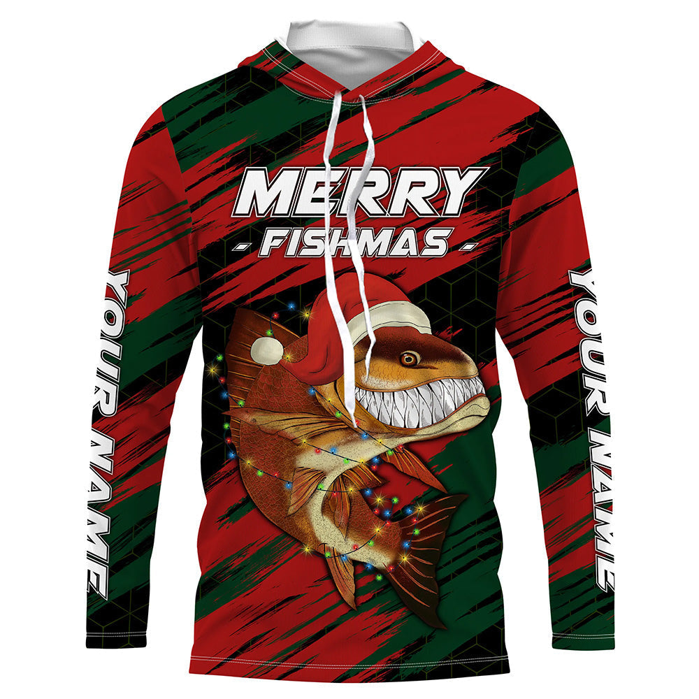 Personalized funny Christmas Redfish long sleeve Fishing Shirts, Mery fishmas Fishing gifts NQS6817