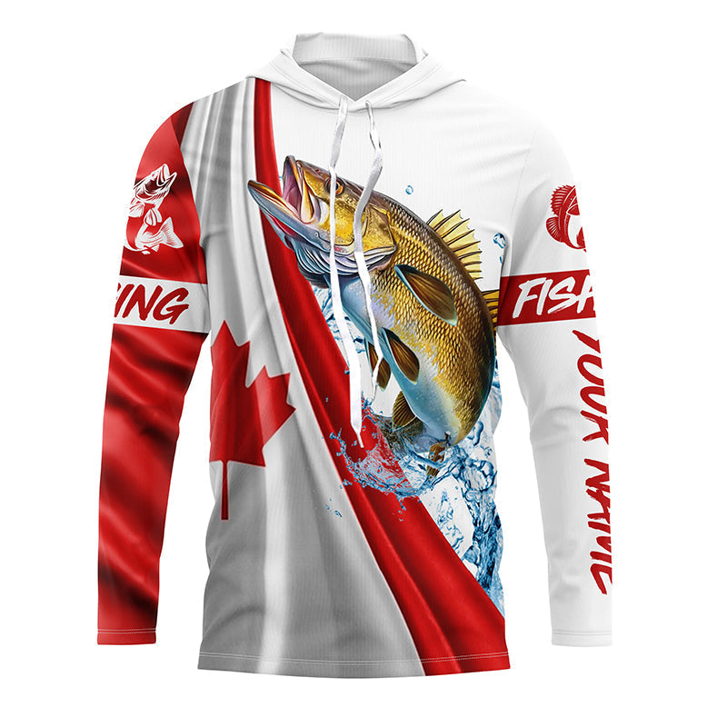 Canadian flag patriotic Walleye fishing Custom Name 3D long sleeve fishing shirts NQS5171