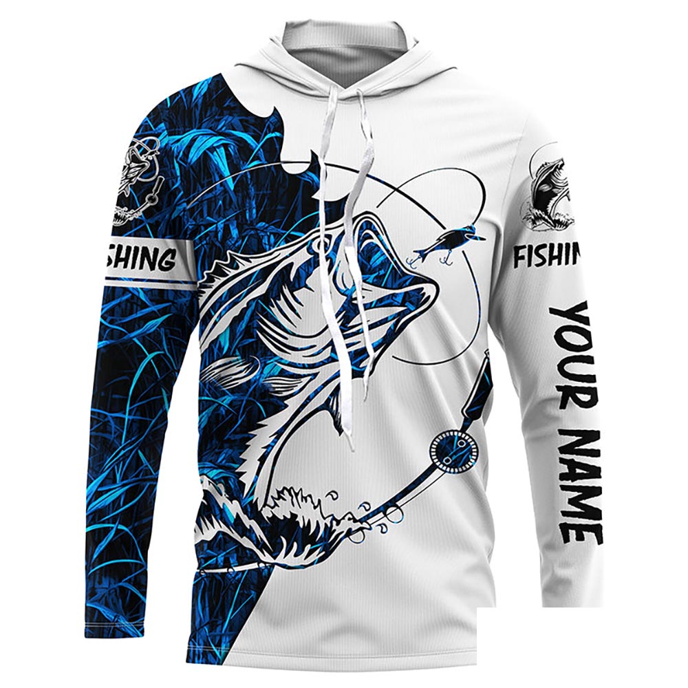 Blue camo Bass fishing Customize Name UV protection long sleeves fishing shirt for men NPQ97