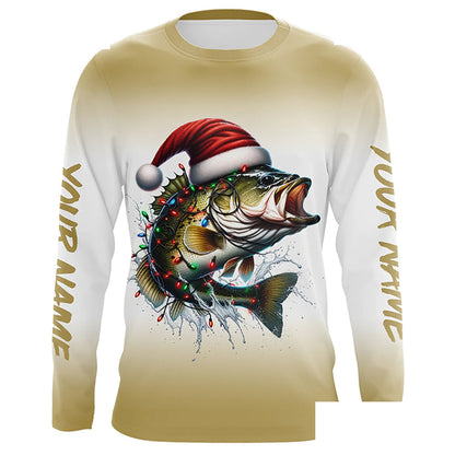 Christmas Lights String Bass Christmas Fishing Shirts With Customized Name, Xmas Fishing Gifts IPHW5584