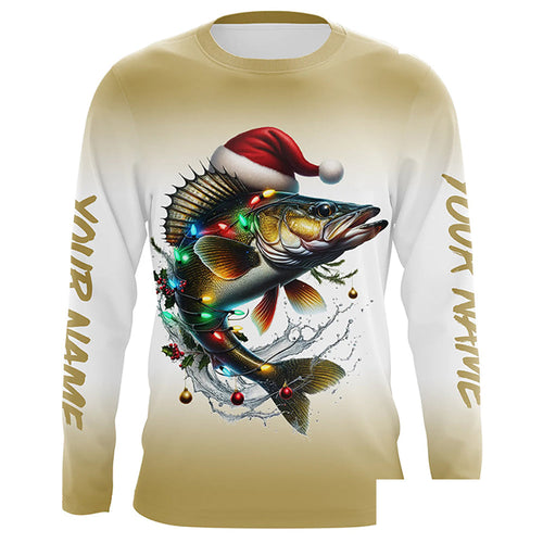 Christmas Lights String Walleye Christmas Fishing Shirts With Customized Name, Xmas Fishing Gifts IPHW5585