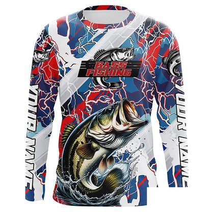 Red, White And Blue Lightning Camo Custom Largemouth Bass Long Sleeve Tournament Fishing Shirts IPHW6029