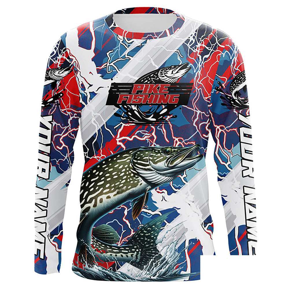 Red, White And Blue Lightning Camo Custom Pike Long Sleeve Tournament Fishing Shirts IPHW6030