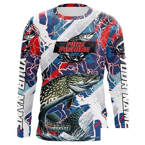 Red, White And Blue Lightning Camo Custom Pike Long Sleeve Tournament Fishing Shirts IPHW6030
