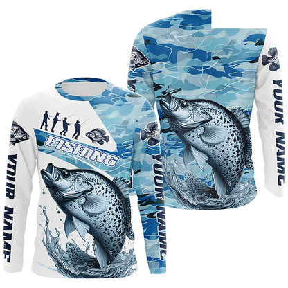 Crappie Fishing Custom Long Sleeve Tournament Shirts, Blue Camo Crappie Fishing Jersey For Fisherman IPHW6320