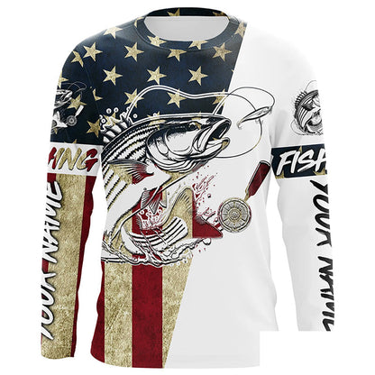 American Flag Custom Striped Bass Fishing Long Sleeve Shirts, Patriotic Stripper Fishing Jerseys IPHW6394