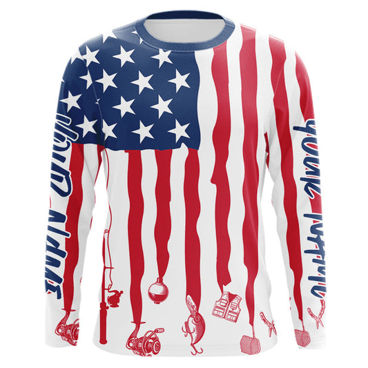 Personalized Patriotic US Flag Long Sleeve Fishing Shirts, American Flag Fishing Tools IPHW9124