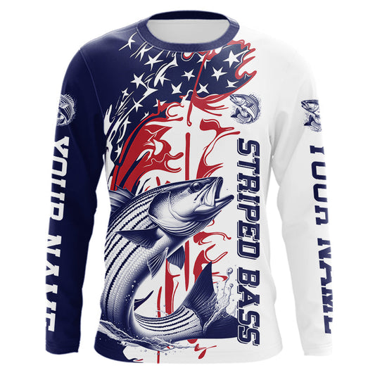 Custom Patriotic Striped Bass Long Sleeve Fishing Shirts, Red White And Blue Fishing Shirt IPHW9131