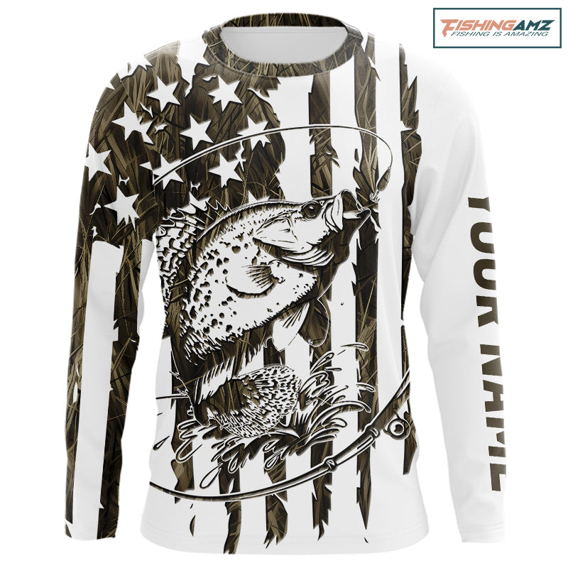 Custom Patrotic Crappie Long Sleeve Camo Fishing Shirts, Crappie US Fishing Shirt IPHW9147