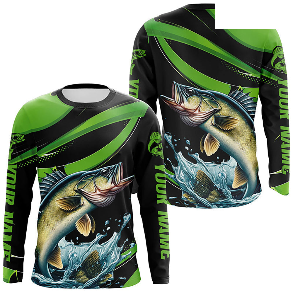 Black And Green Custom Walleye Fishing Jerseys, Walleye Long Sleeve Tournament Fishing Shirts IPHW7001
