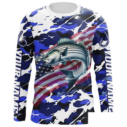 Striped Bass Fishing American Flag Camo Custom Long Sleeve Shirts, Striper Saltwater Fishing Shirts IPHW6509