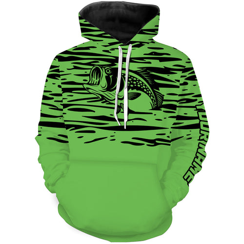 Largemouth bass fishing green color water waves Customize name fishing hoodie NPQ523