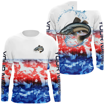Red White And Blue Tie Dye Background Custom Patriotic Catfish Long Sleeve Fishing Shirts IPHW7019
