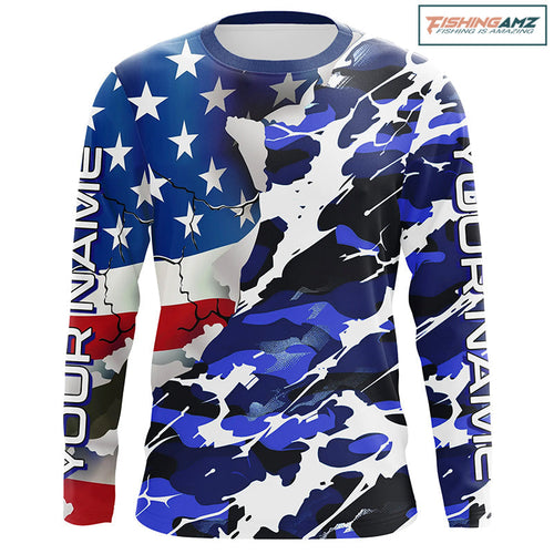 Custom American Flag Blue Camo Long Sleeve Shirts, Patriotic Performance Fishing Shirts IPHW6535