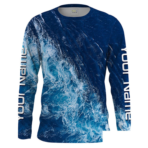 Custom Saltwater Long sleeve performance Fishing Shirts UV Protection, blue ocean sea wave Fishing apparel - HPW245