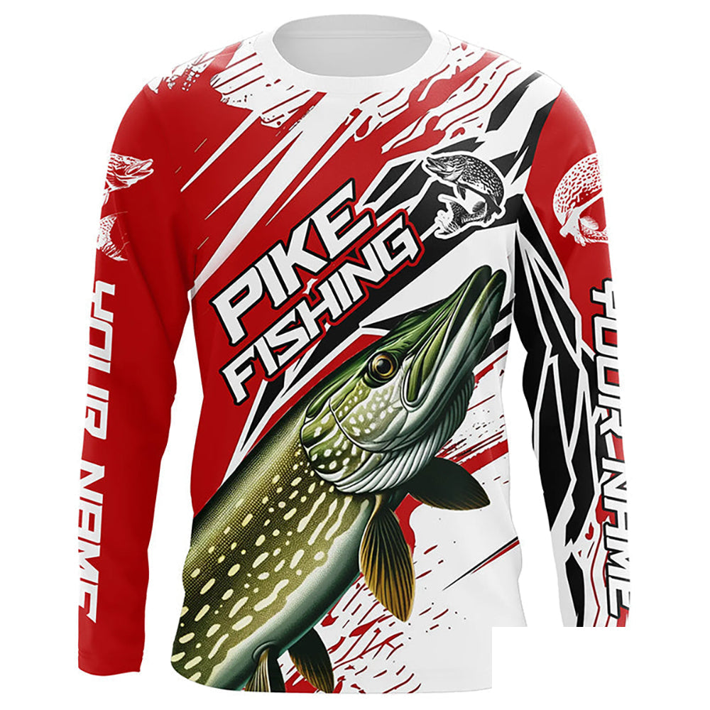 Northern Pike Fishing Custom Long Sleeve Tournament Shirts, Pike Fishing Jerseys | Red IPHW6242