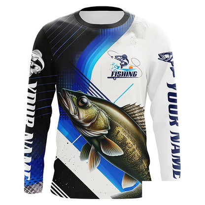 Custom Walleye Fishing Jerseys, Walleye Long Sleeve Tournament Fishing Shirts | Blue IPHW6284
