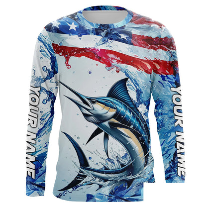 Personalized American Flag Marlin Fishing Shirts, Patriotic Marlin Long Sleeve Fishing Shirt IPHW6323