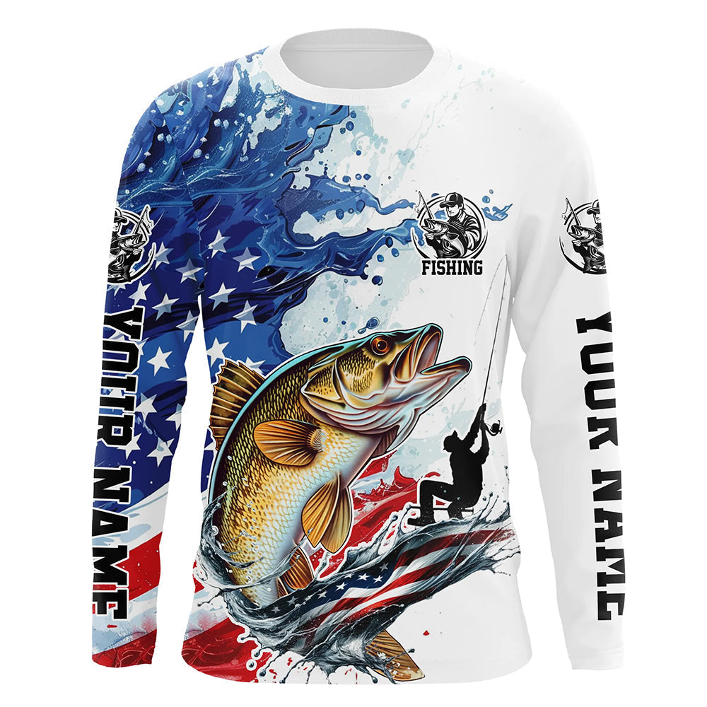 Personalized American Flag Walleye Long Sleeve Fishing Shirts, Patriotic Walleye Fishing Jerseys IPHW6049