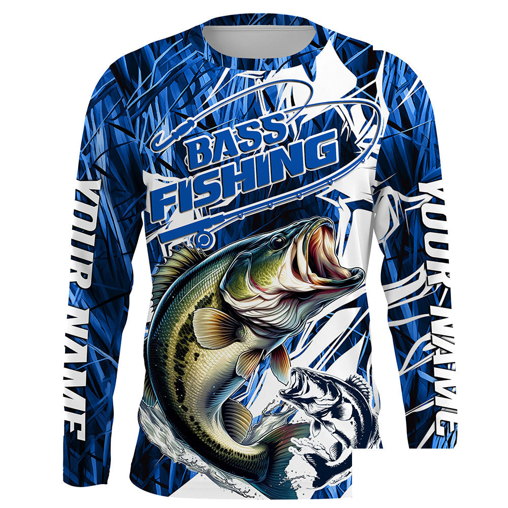 Personalized Largemouth Bass Long Sleeve Performance Fishing Shirts, Bass Fishing Jersey | Blue Camo IPHW6364