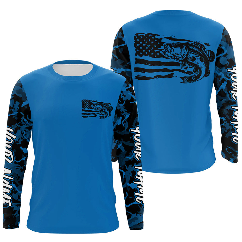 Blue Camo US Flag Largemouth Bass Custom Patrotic Long Sleeve Fishing Shirt, Bass Fishing Jersey IPHW8135