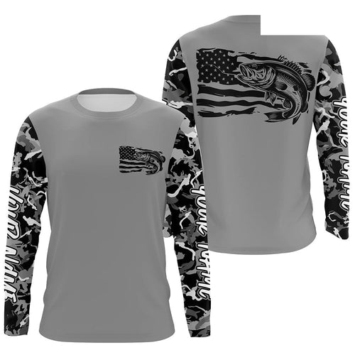 Gray Camo US Flag Largemouth Bass Custom Patrotic Long Sleeve Fishing Shirt, Bass Fishing Jersey IPHW7965