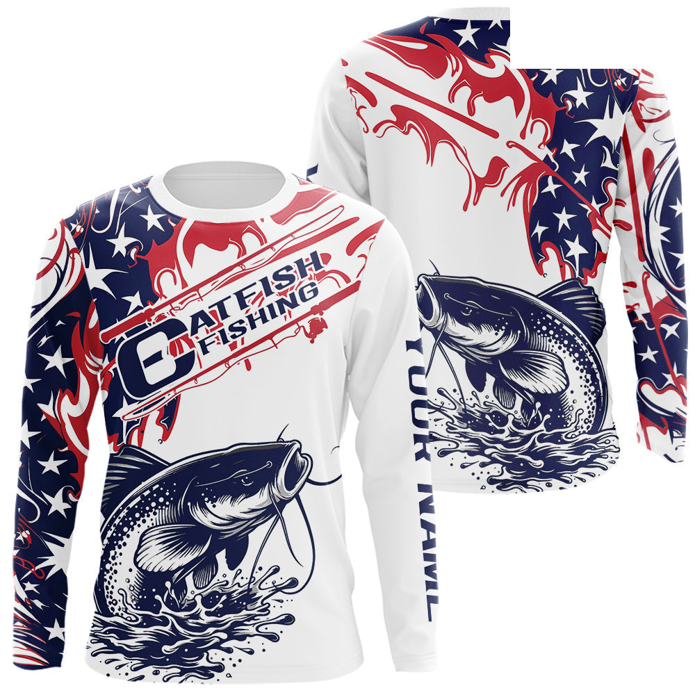 Custom American Flag Catfish Long Sleeve Fishing Shirts, Patriotic Catfish Fishing Jerseys IPHW9133
