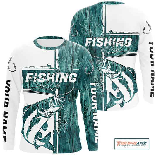 Custom Greenish Blue Grass Camo Cross Faith Largemouth Bass Long Sleeve Tournament Fishing Shirt IPHW9149