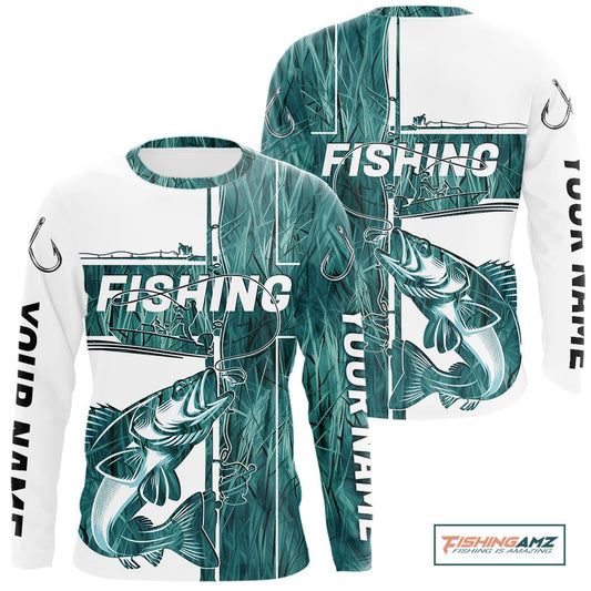 Custom Greenish Blue Grass Camo Cross Faith Walleye Long Sleeve Tournament Fishing Shirts IPHW9151