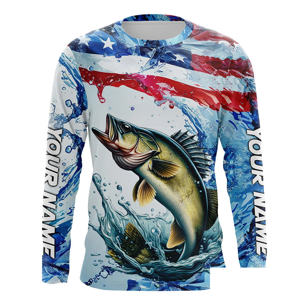 Personalized Patriotic Walleye Long Sleeve Fishing Shirts, American Flag Fishing Shirts IPHW7186