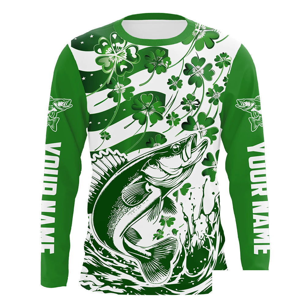 Custom St Patrick'S Day American Flag Walleye Fishing Shirts, Shamrock Flag Walleye Fishing Jerseys IPHW5896