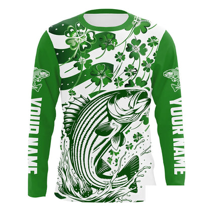 Custom St Patrick'S Day American Flag Striped Bass Fishing Shirts, Patriotic Striper Fishing Jerseys IPHW5897