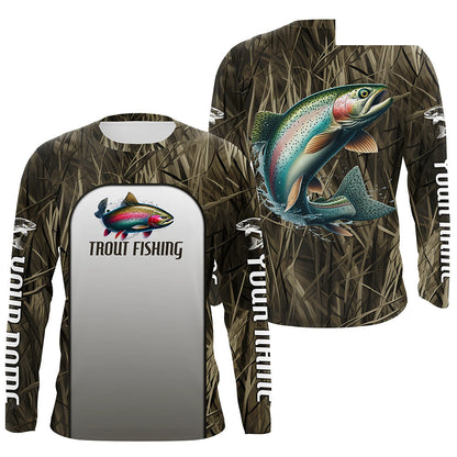 Rainbow Trout Fishing Grass Camo Custom Long Sleeve Fishing Shirts, Trout Tournament Fishing Jerseys IPHW6531