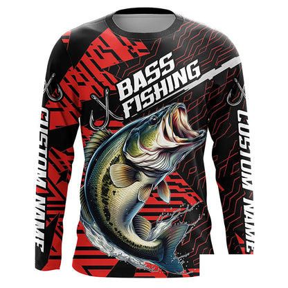 Black And Red Custom Bass Fishing Jerseys, Largemouth Bass Long Sleeve Tournament Fishing Shirts IPHW6198