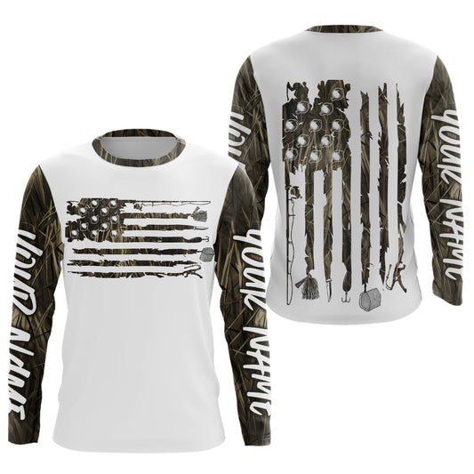 Custom Patriotic Camo Long Sleeve Fishing Shirts, American Flag Fishing Tools Shirts IPHW9125