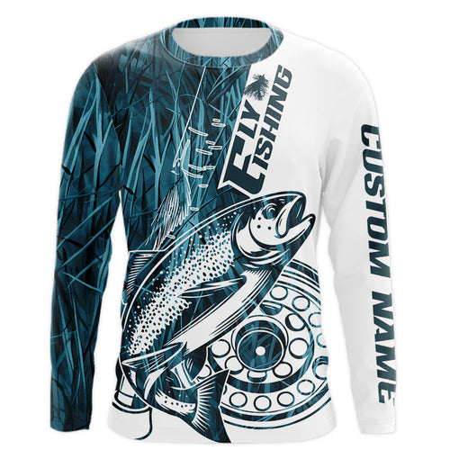 Custom Blue Grass Camo Trout Fly Fishing Long Sleeve Shirts, Fly Reel Fishing Shirt IPHW9119
