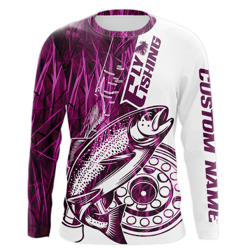 Custom Pink Grass Camo Trout Fly Fishing Long Sleeve Shirts, Fly Reel Fishing Shirt IPHW9120