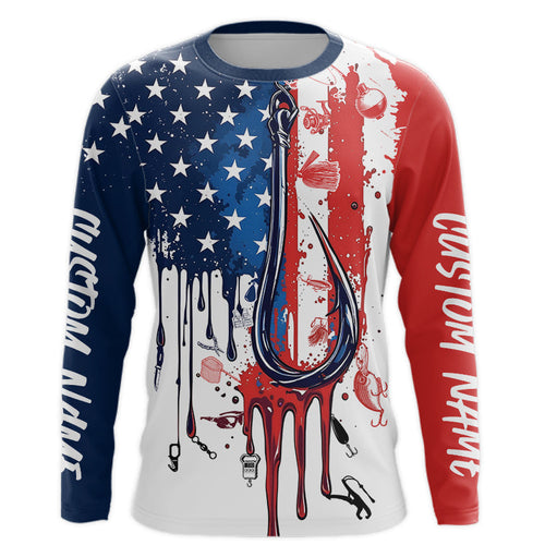 Custom American Flag Fishing Tools Shirts, Patriotic Long Sleeve Fishing Shirts With Name IPHW9123
