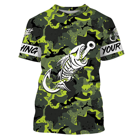 Fish hook skull Green Camo fish reaper Custom name fishing jerseys | Tshirt - NPQ838