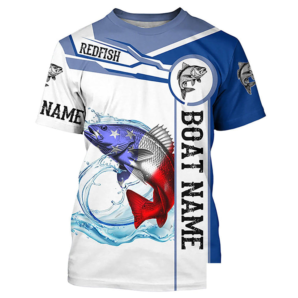 Redfish puppy drum Fishing American Flag Customize Name and boat name tournament fishing T-shirt NPQ350