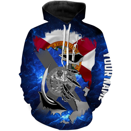 Florida FL Fishing Fish Hook Flag blue Universe patriotic Custom name fishing jerseys  | Hoodie - NPQ854